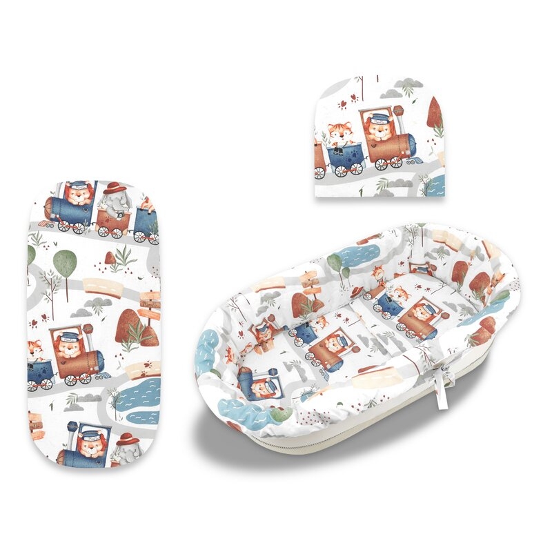 Set pentru landou/cosulet, MimiNu, Cu protectie, saltea si pernuta, Din bumbac certificat Oeko Tex Standard 100, Design, Zoo in train
