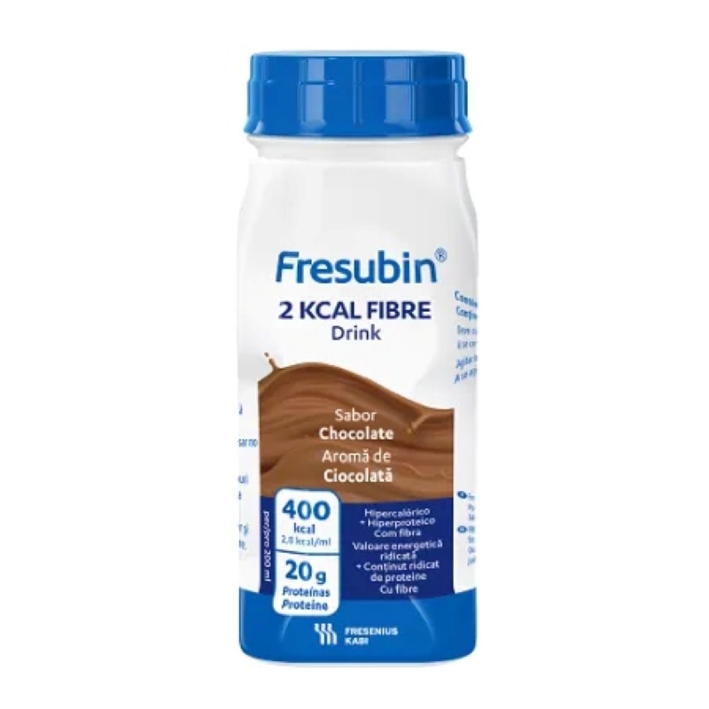 Solutie nutritiva orala cu aroma de ciocolata Fresubin 2kcal Fibre, 200 ml, 4 flacoane, Fresenius Kabi