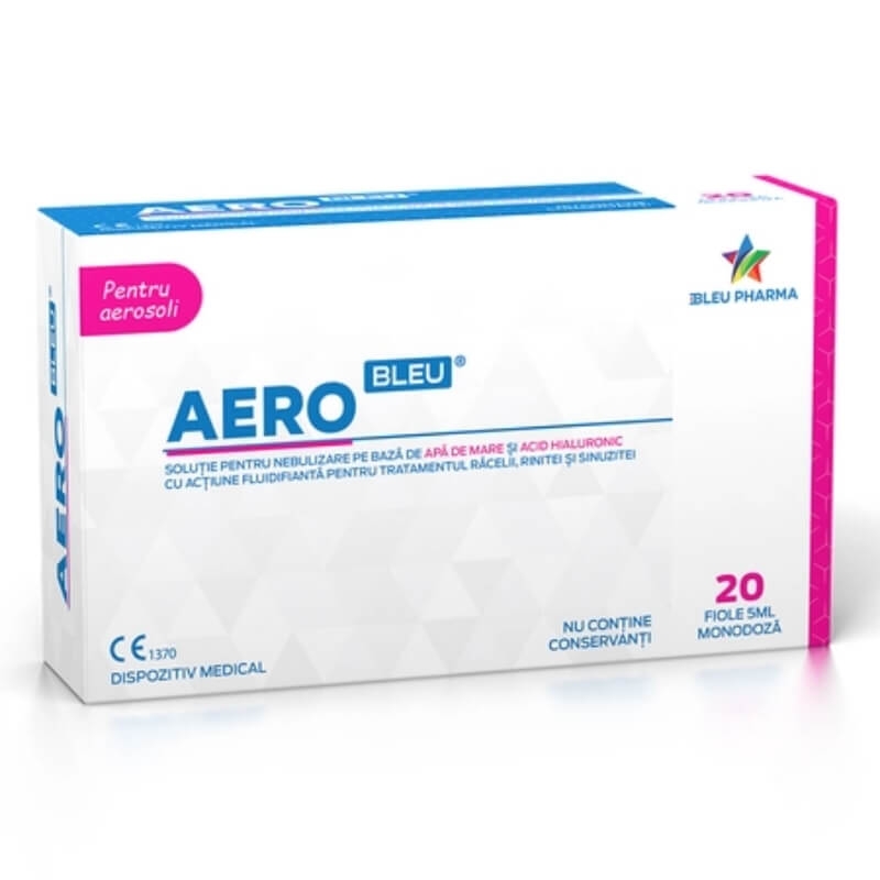 AeroBleu solutie pentru nebulizare pe baza de apa de mare si acid hialuronic 5 ml, 20 fiole, Bleu Pharma