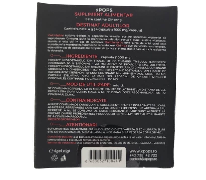 Supliment alimentar pentru potenta, 4 capsule, Pops
