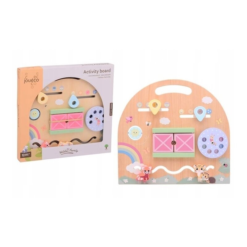 Tablita cu activitati, Joueco, The Wildies Family, Din lemn certificat FSC, Cu elemente in miscare, Dezvolta coordonarea mana-ochi, 12 luni+, Multicolor