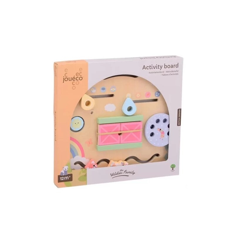 Tablita cu activitati, Joueco, The Wildies Family, Din lemn certificat FSC, Cu elemente in miscare, Dezvolta coordonarea mana-ochi, 12 luni+, Multicolor