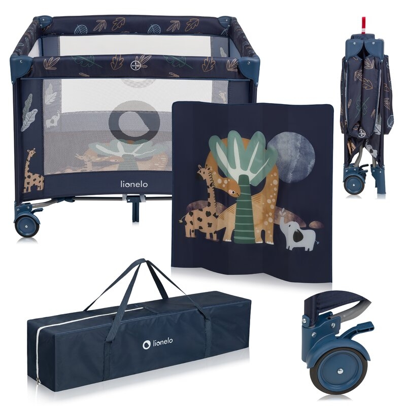 Tarc de joaca copii, Lionelo, Bonnie, Pana la 15 kg, 100 x 100 cm, Pliere compacta, Include geanta de transport, Din plasa, Cu intrare laterala cu fermoar, Cu roti, Cu salteluta din spuma, Conform cu EN12227, Albastru