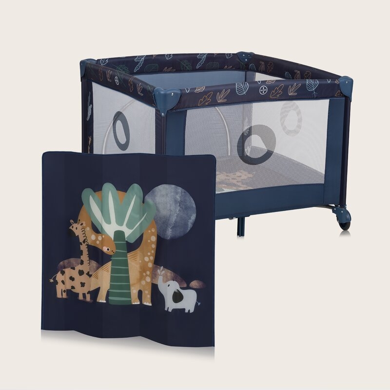 Tarc de joaca copii, Lionelo, Bonnie, Pana la 15 kg, 100 x 100 cm, Pliere compacta, Include geanta de transport, Din plasa, Cu intrare laterala cu fermoar, Cu roti, Cu salteluta din spuma, Conform cu EN12227, Albastru