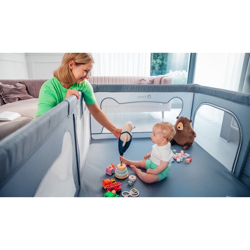 Tarc de joaca copii, Lionelo, Willow, 127 x 187 cm, Pliere compacta, Include geanta de transport, Din plasa, Cu doua intrari laterale si fermoar, Cu ventuze pentru stabilitate, Conform cu EN 12227:2010, Bej