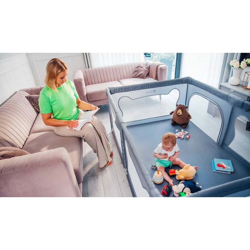 Tarc de joaca copii, Lionelo, Willow, 127 x 187 cm, Pliere compacta, Include geanta de transport, Din plasa, Cu doua intrari laterale si fermoar, Cu ventuze pentru stabilitate, Conform cu EN 12227:2010, Bej