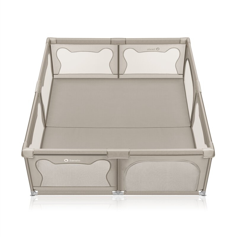 Tarc de joaca copii, Lionelo, Willow XL,180 x 200 cm, Pliere compacta, Include geanta de transport, Din plasa, Cu doua intrari laterale si fermoar, Cu ventuze pentru stabilitate, Conform cu EN 12227:2010, Bej