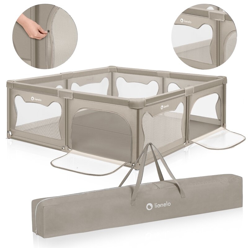 Tarc de joaca copii, Lionelo, Willow XL,180 x 200 cm, Pliere compacta, Include geanta de transport, Din plasa, Cu doua intrari laterale si fermoar, Cu ventuze pentru stabilitate, Conform cu EN 12227:2010, Bej