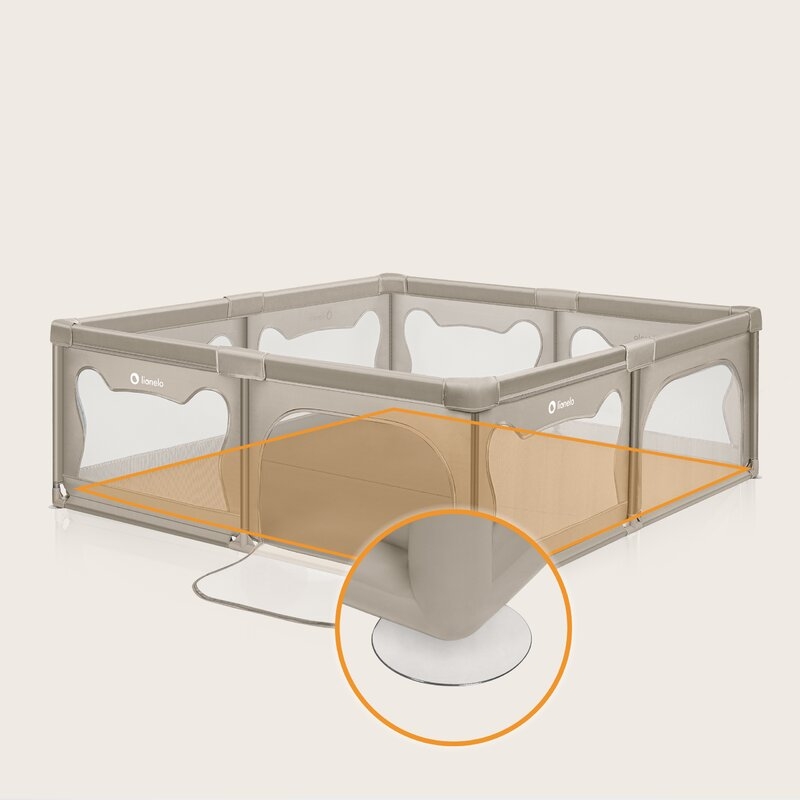 Tarc de joaca copii, Lionelo, Willow XL,180 x 200 cm, Pliere compacta, Include geanta de transport, Din plasa, Cu doua intrari laterale si fermoar, Cu ventuze pentru stabilitate, Conform cu EN 12227:2010, Bej