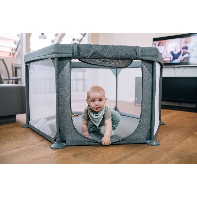 FreeON - Tarc de joaca pentru bebe, Hexagonal, Cu 4 manere, Intrare cu fermoar, Cu geanta de transport, 117 x 67 x 67 cm, Grey