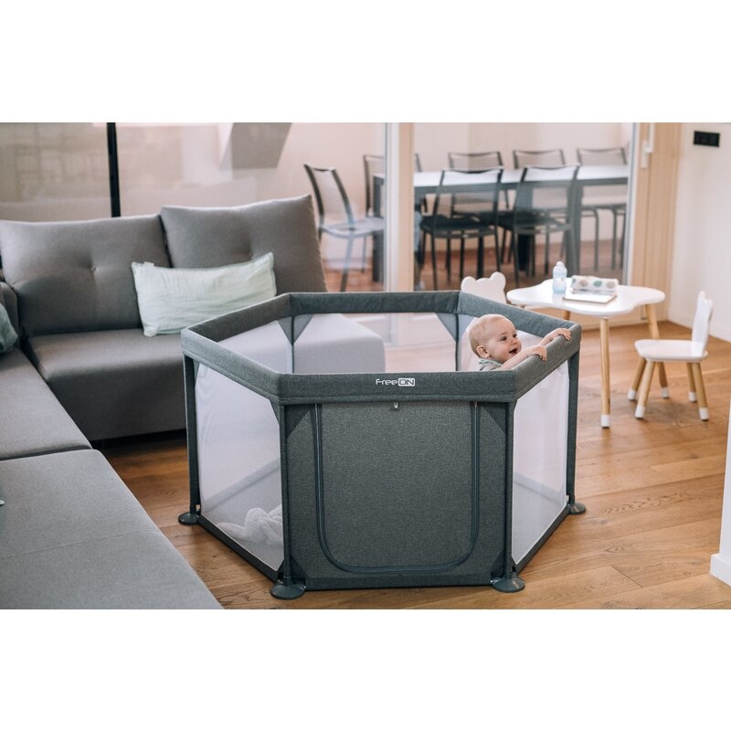 FreeON - Tarc de joaca pentru bebe, Hexagonal, Cu 4 manere, Intrare cu fermoar, Cu geanta de transport, 117 x 67 x 67 cm, Grey