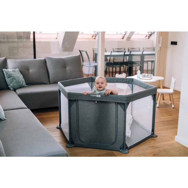 FreeON - Tarc de joaca pentru bebe, Hexagonal, Cu 4 manere, Intrare cu fermoar, Cu geanta de transport, 117 x 67 x 67 cm, Grey
