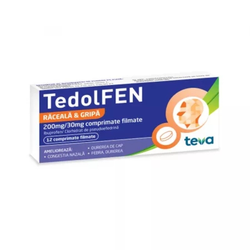 Tedolfen raceala si gripa 200 mg/30 mg, 12 comprimate filmate, Teva