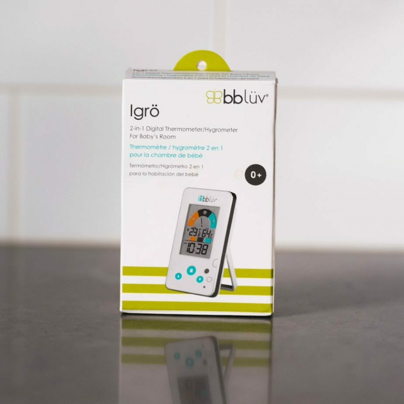 Bbluv - Termometru/Higrometru digital 2 in 1, Igro, Cu ceas si alarma, Ecran LCD, Pe baza de baterii AAA, White