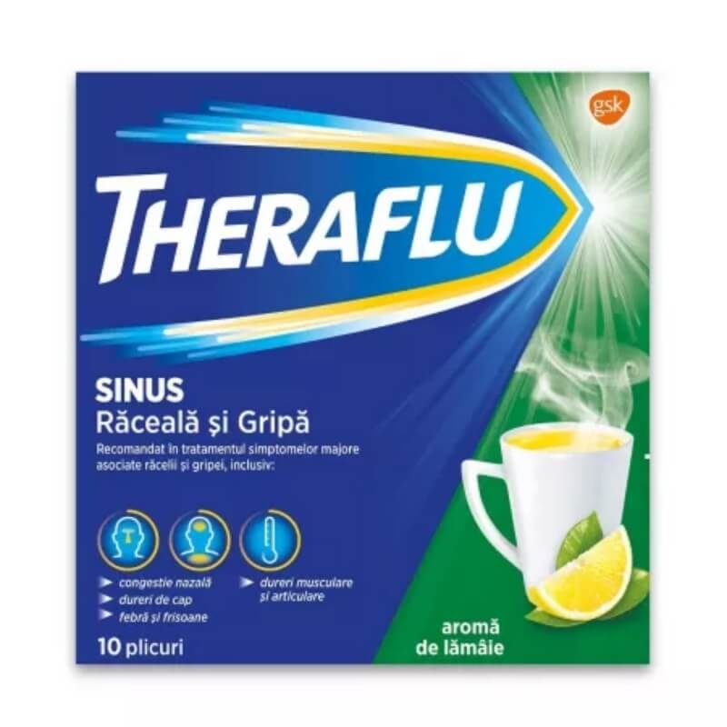 Theraflu Sinus raceala si gripa, 650mg/10mg, 10 plicuri, GSK (Haleon)