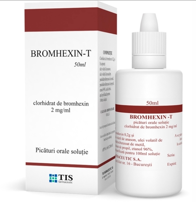 Bromhexin-T, 2 mg/ml picaturi orale solutie, 50 ml, Tis Farmaceutic Bromhexin-T, 2 mg/ml picaturi orale solutie, 50 ml, Tis Farmaceutic