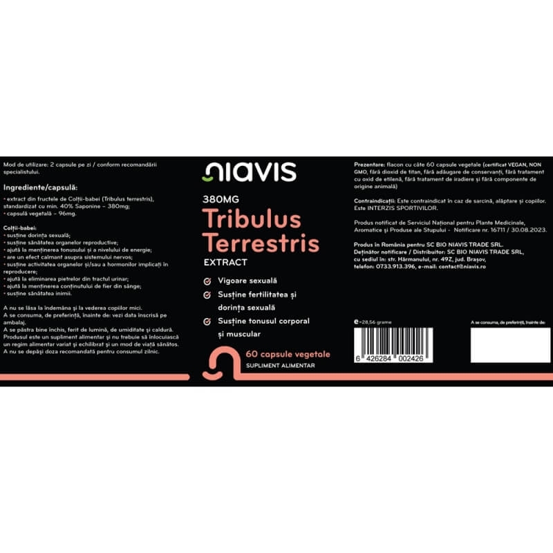 Tribulus Terrestris extract, 380 mg, 60 capsule, Niavis