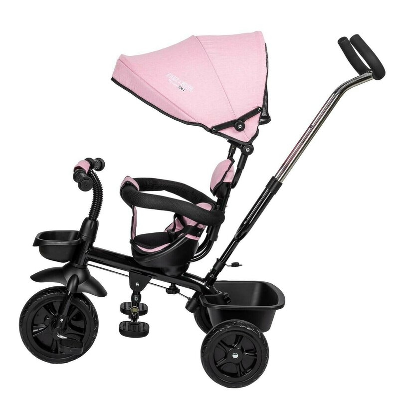 Tricicleta copii, Free2Move, cu sezut rotativ 360 grade, Reglabil, Roti EVA, Mecanism de pedalare libera, Suport picioare, Pink Black, Resigilat