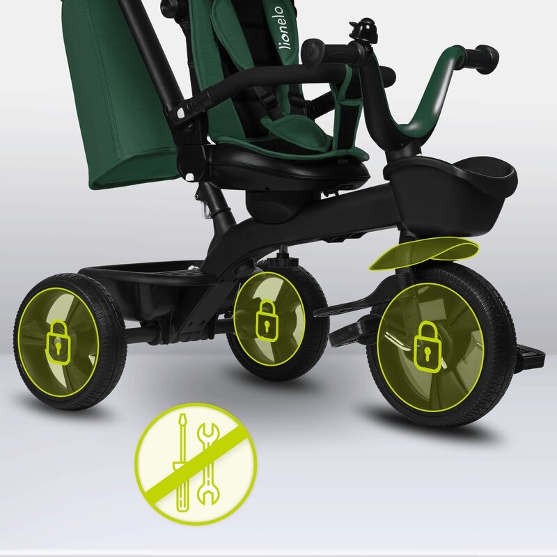 Tricicleta copii, Lionelo, Kori, Cu suport de picioare, Control al directiei, Scaun reversibil, Rotire 360 grade, Pliabila, Conform cu standardul european de securitate EN71, Verde
