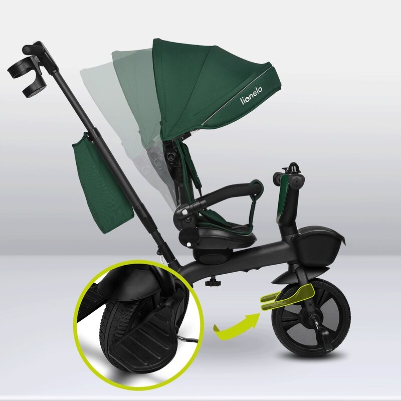 Tricicleta copii, Lionelo, Kori, Cu suport de picioare, Control al directiei, Scaun reversibil, Rotire 360 grade, Pliabila, Conform cu standardul european de securitate EN71, Verde