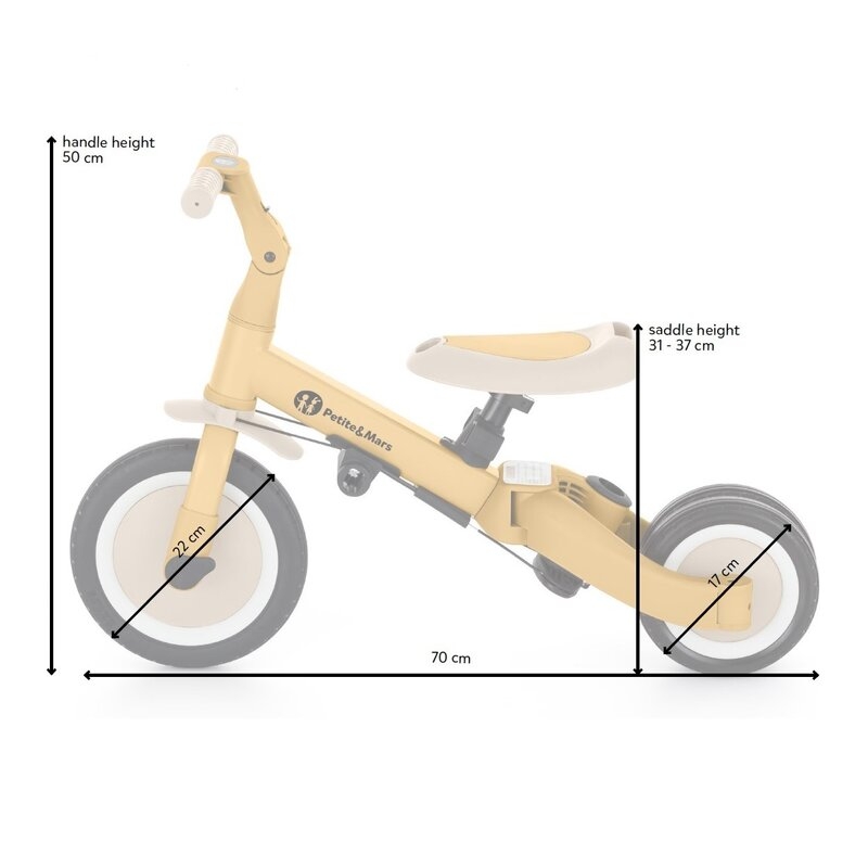 Tricicleta, Petite&Mars, Turbo, 5 in 1, Multifunctionala, Vehicul de impins, Bicicleta cu/fara pedale, Cu maner detasabil, Roti din cauciuc, Pana la 25 kg, 1.5-5 ani, Bej