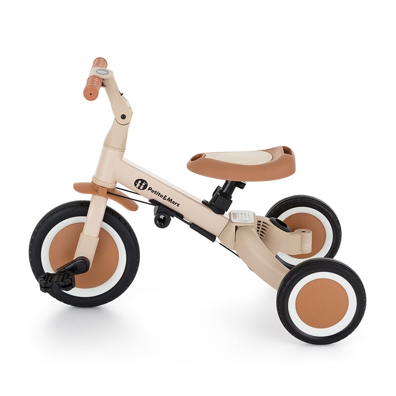 Tricicleta, Petite&Mars, Turbo, 5 in 1, Multifunctionala, Vehicul de impins, Bicicleta cu/fara pedale, Cu maner detasabil, Roti din cauciuc, Pana la 25 kg, 1.5-5 ani, Bej