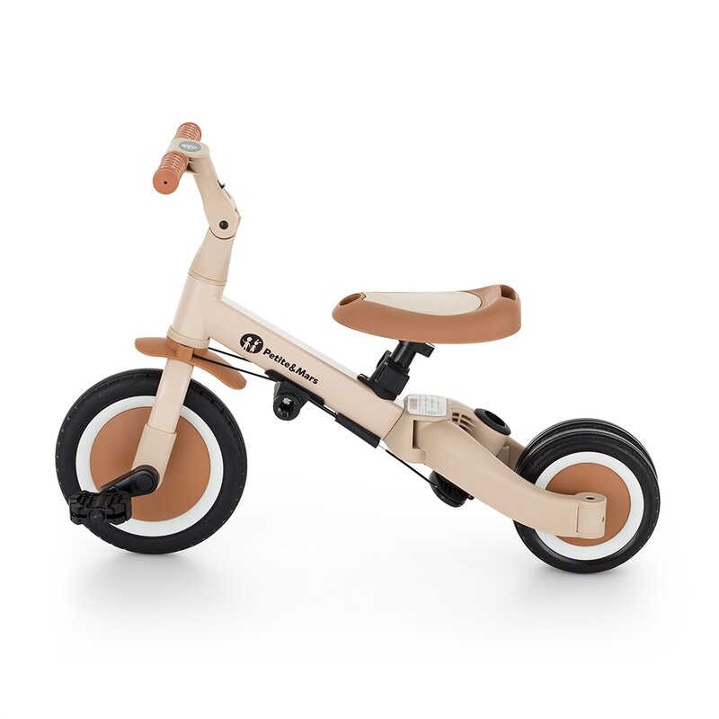 Tricicleta, Petite&Mars, Turbo, 5 in 1, Multifunctionala, Vehicul de impins, Bicicleta cu/fara pedale, Cu maner detasabil, Roti din cauciuc, Pana la 25 kg, 1.5-5 ani, Bej