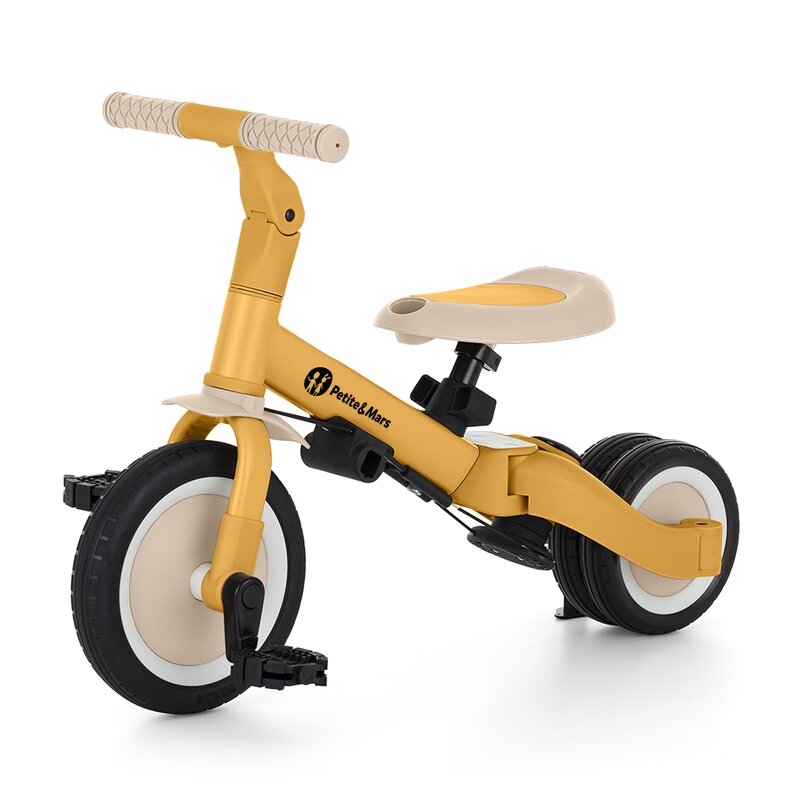 Tricicleta, Petite&Mars, Turbo, 5 in 1, Multifunctionala, Vehicul de impins, Bicicleta cu/fara pedale, Cu maner detasabil, Roti din cauciuc, Pana la 25 kg, 1.5-5 ani, Ocru