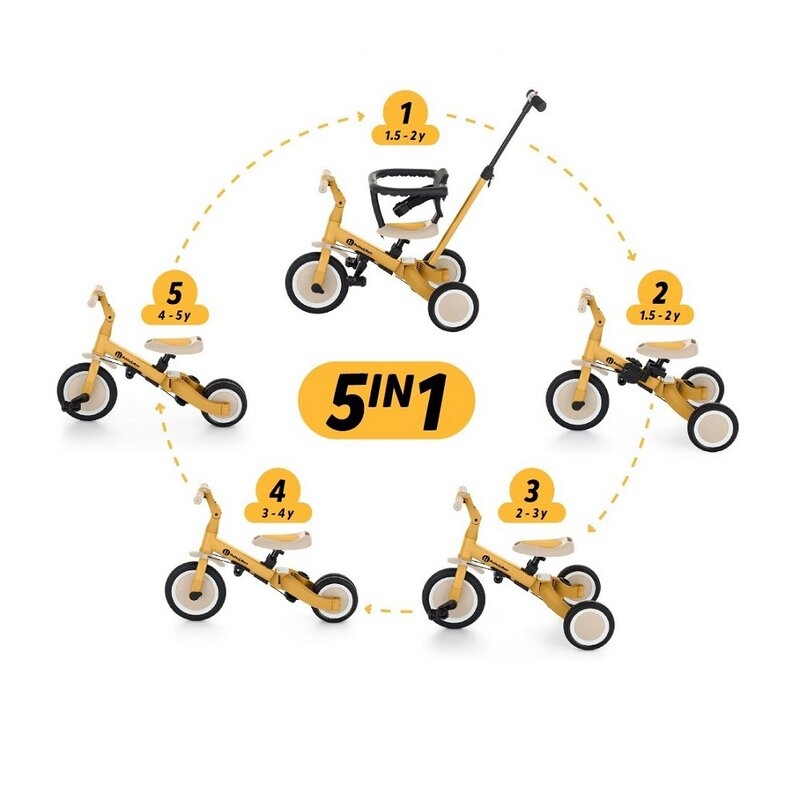 Tricicleta, Petite&Mars, Turbo, 5 in 1, Multifunctionala, Vehicul de impins, Bicicleta cu/fara pedale, Cu maner detasabil, Roti din cauciuc, Pana la 25 kg, 1.5-5 ani, Ocru