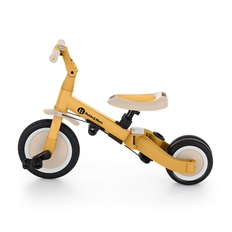 Tricicleta, Petite&Mars, Turbo, 5 in 1, Multifunctionala, Vehicul de impins, Bicicleta cu/fara pedale, Cu maner detasabil, Roti din cauciuc, Pana la 25 kg, 1.5-5 ani, Ocru