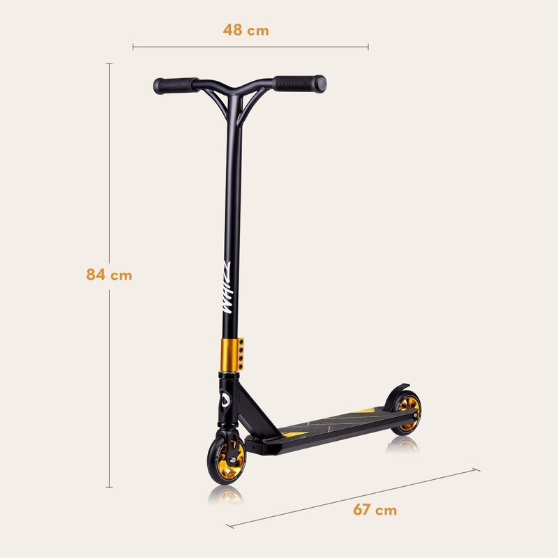 Trotineta, Lionelo, Whizz, Pentru Acrobatii, Rulmenti ABEC-9, Sistemul de compresie IHC 9, 20 - 100 kg, Conform cu standardul european de securitate EN14619, Galben/Negru