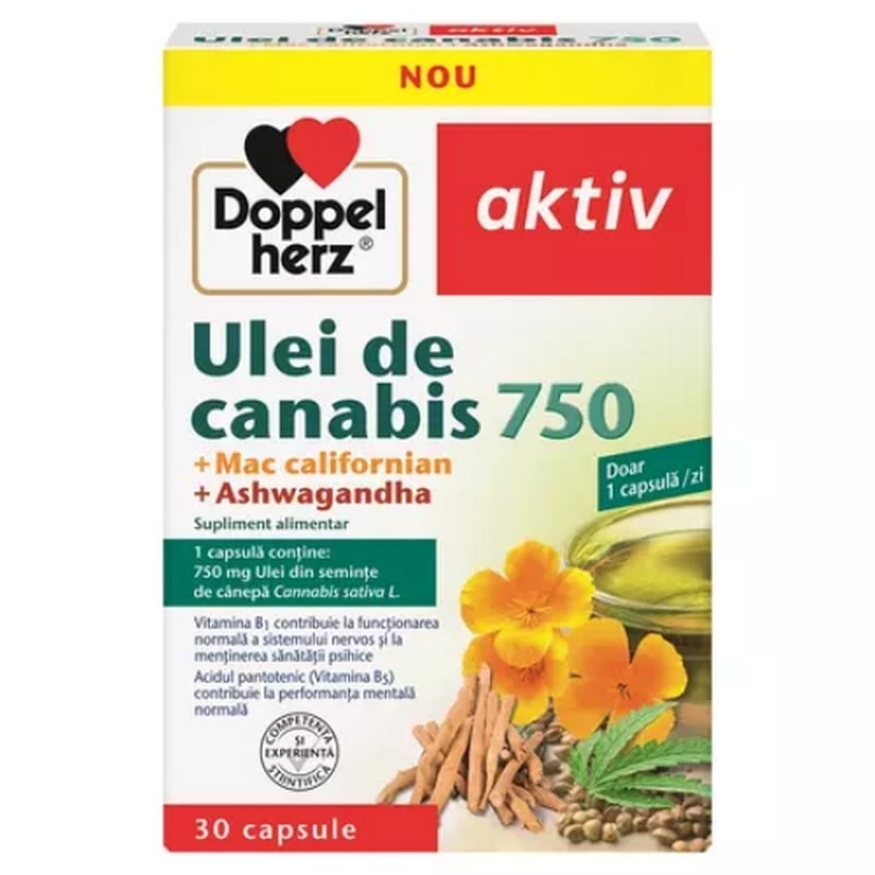 Ulei de canabis 750 mg + mac californian + ashwagandha, 30 capsule, Doppelherz