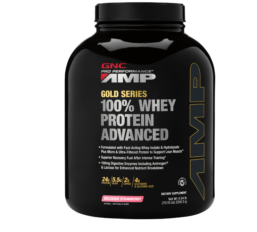 Proteina din zer cu aroma de capsuni AMP Amplified Gold, 2242.5 g, GNC