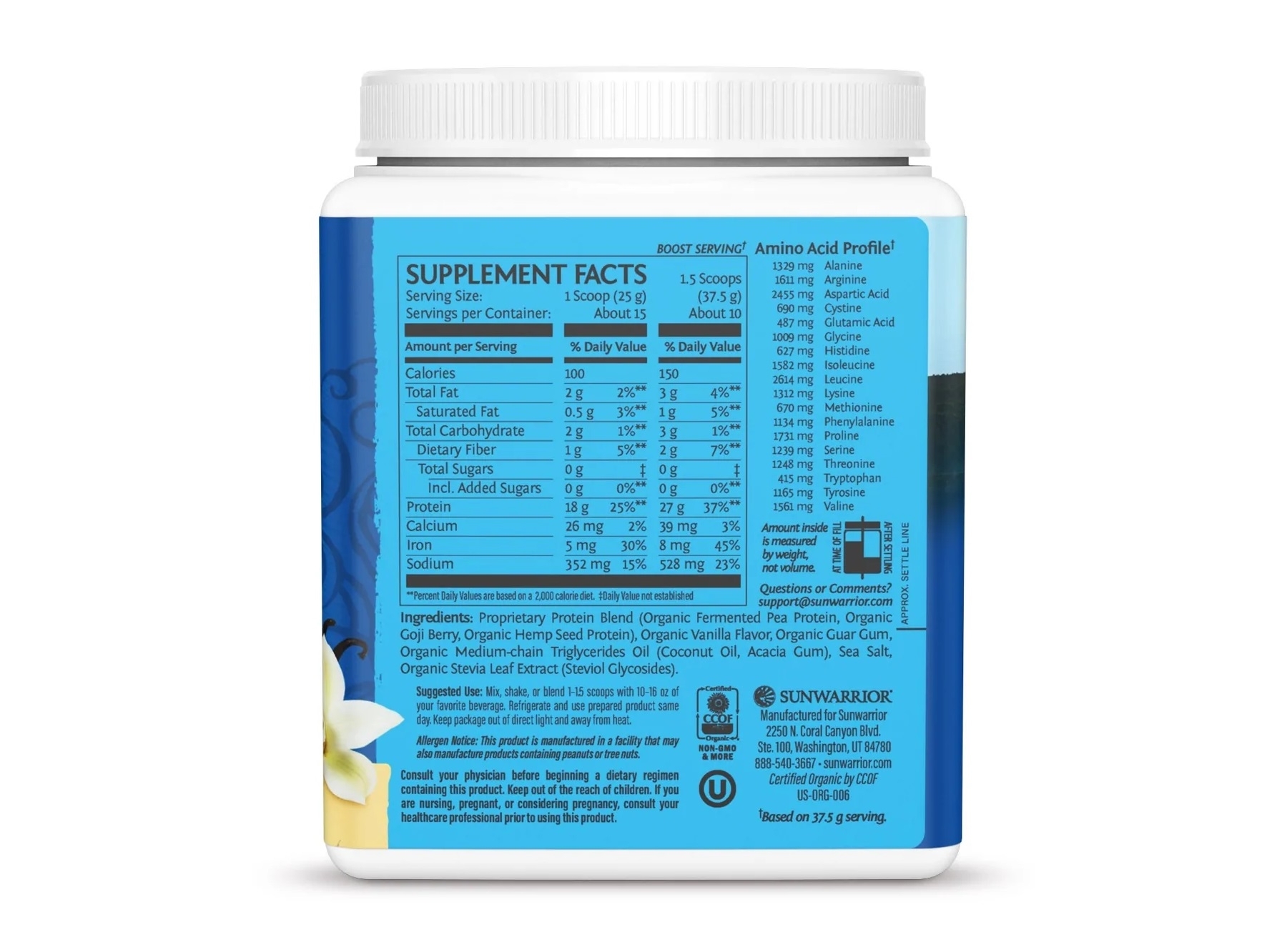 Proteina organica vegana cu aroma de vanilie, 375 g, Sunwarrior