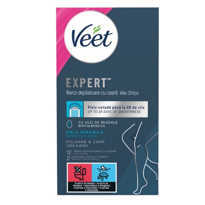 Benzi depilatoare cu ceara pentru picioare si corp, pentru piele sensibila, 12 bucati, Veet