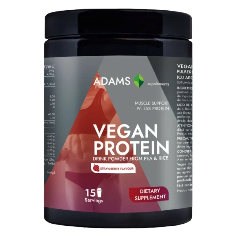 Vegan Protein pulbere instant cu aroma de capsuni, 454 g, Adams Supplements