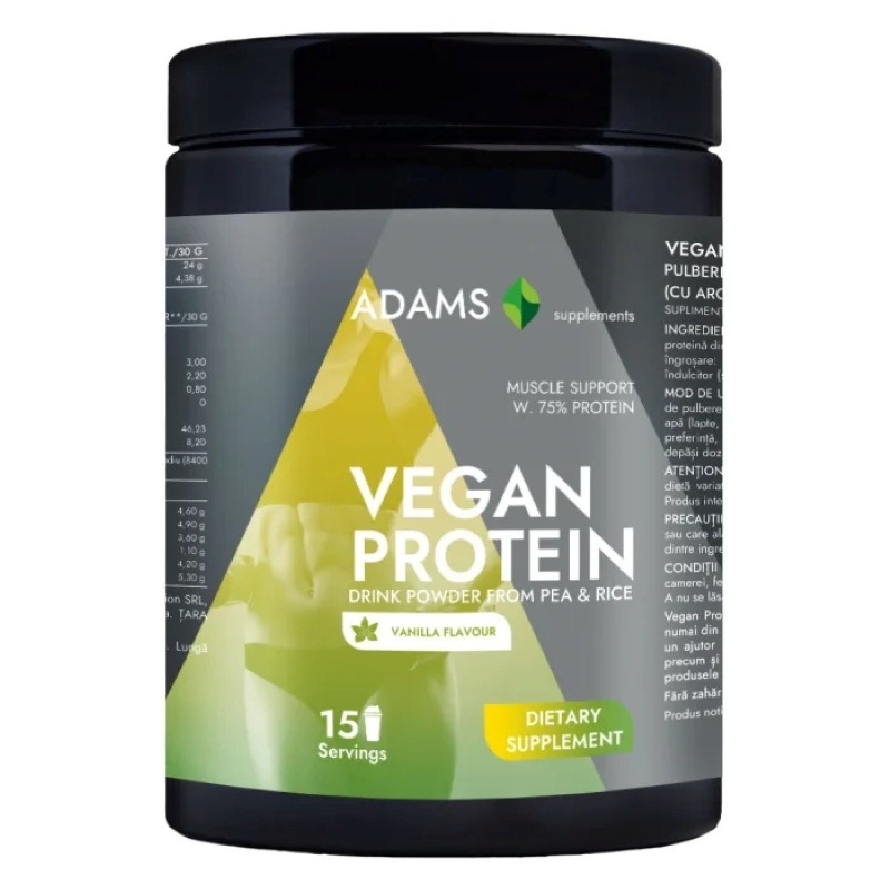 Vegan Protein pulbere instant cu aroma de vanilie, 454 g, Adams Supplements