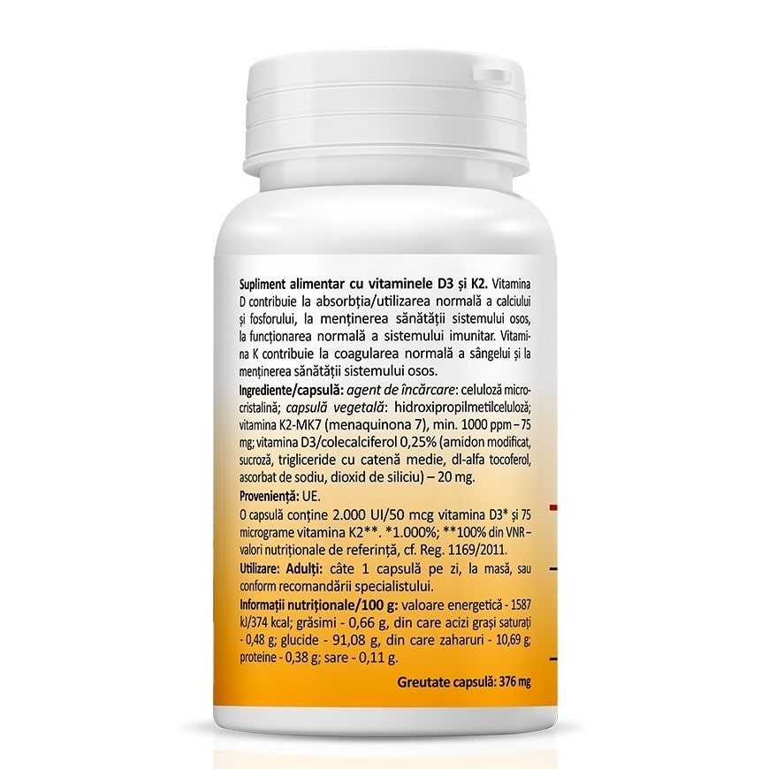 Vitamin D3 2000 UI + K2 75 mcg, 30 capsule, Zenyth