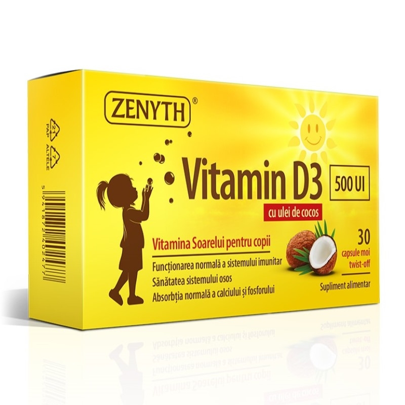 Vitamin D3, pentru copii, 500 UI, 30 capsule moi, Zenyth