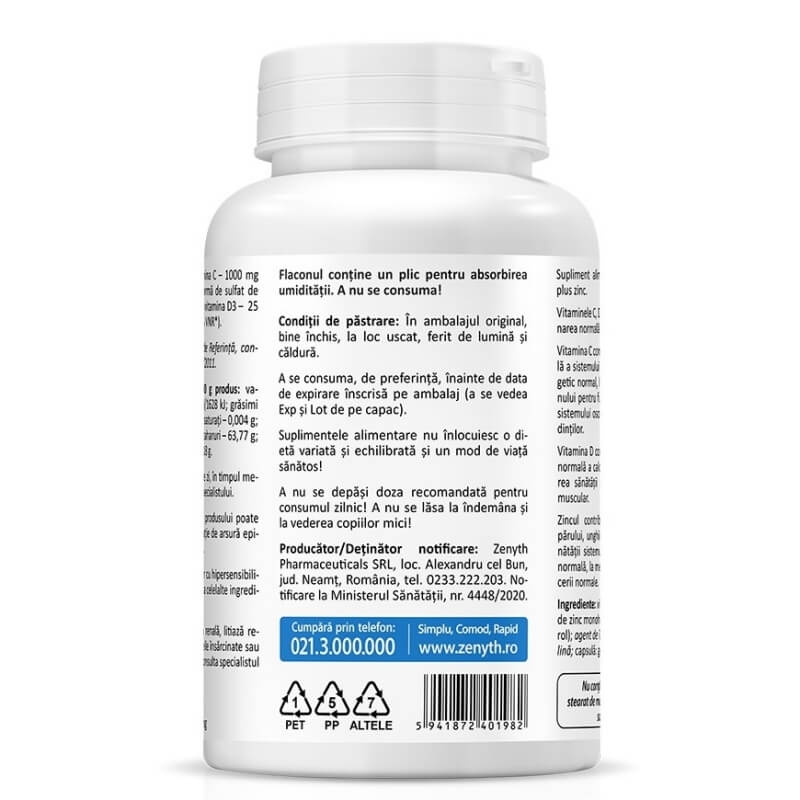 Vitamina C+D3+Zn, 60 capsule, Zenyth