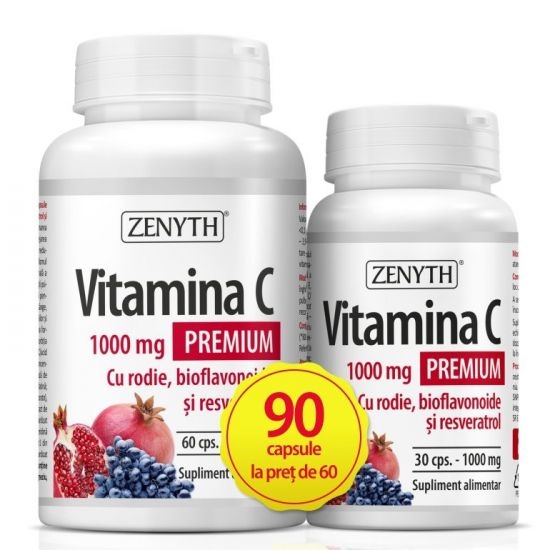 Pachet Vitamina C Premium cu rodie 1000mg 90caps (60caps+30caps) , Zenyth