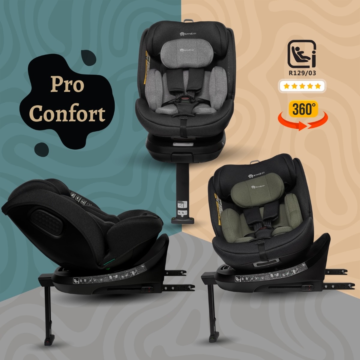 Scaun auto Appekids, I-SIZE, 40-150 cm, Rear Facing 360Â°, Pro Confort - Grey