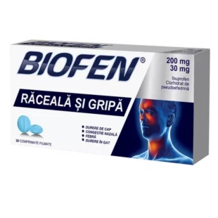 Biofen raceala si gripa 200 mg/30 mg, 20 comprimate filmate, Biofarm
