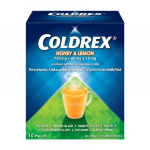 Coldrex Honey & Lemon, 750 mg/60 mg/10 mg pulbere pentru suspensie orala, 10 plicuri, Perrigo