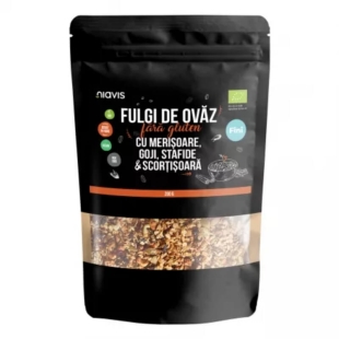 Fulgi de ovaz fini fara gluten cu merisoare, goji, stafide si scortisoara eco, 200 g, Niavis