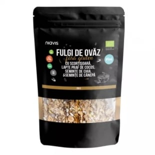 Fulgi de ovaz fini fara gluten cu scortisoara, lapte praf de cocos, seminte de chia si seminte de canepa, 200 g, Niavis