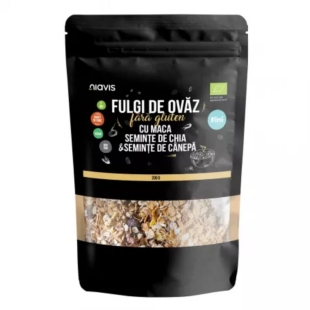 Fulgi de ovaz fini fara gluten cu maca, seminte de chia si seminte de canepa, 200 g, Niavis