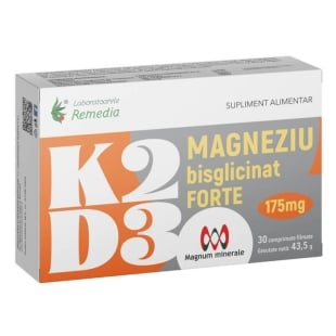 K2+D3+Magneziu bisglicinat Forte 175 mg, 30 comprimate, Remedia