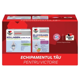 Pachet Kollagen 11.000 Plus System, 30 flacoane + Glucozamina 1000 + Curcuma Vegan System, 60 comprimate, Doppelherz