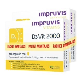 Pachet Vitamina D3 2000 U.I. D3Vit Impruvis Vitamins, 60 + 60 capsule moi, Pharma Brands